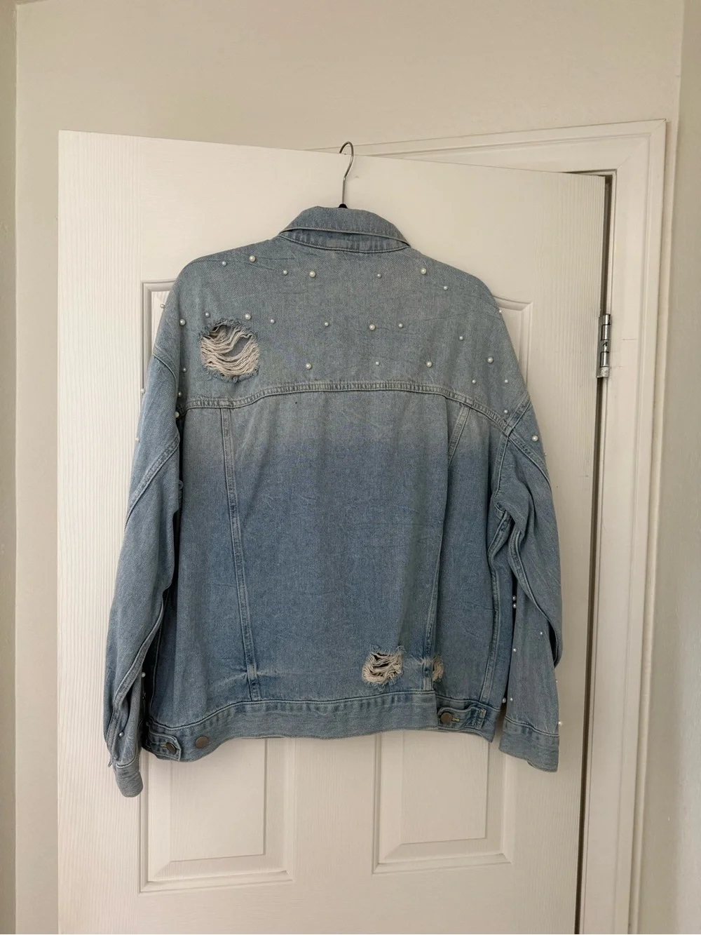 Free People Sunday Funday Light Wash Distressed Denim Jacket with Pearl Studs - Picture 5 of 6